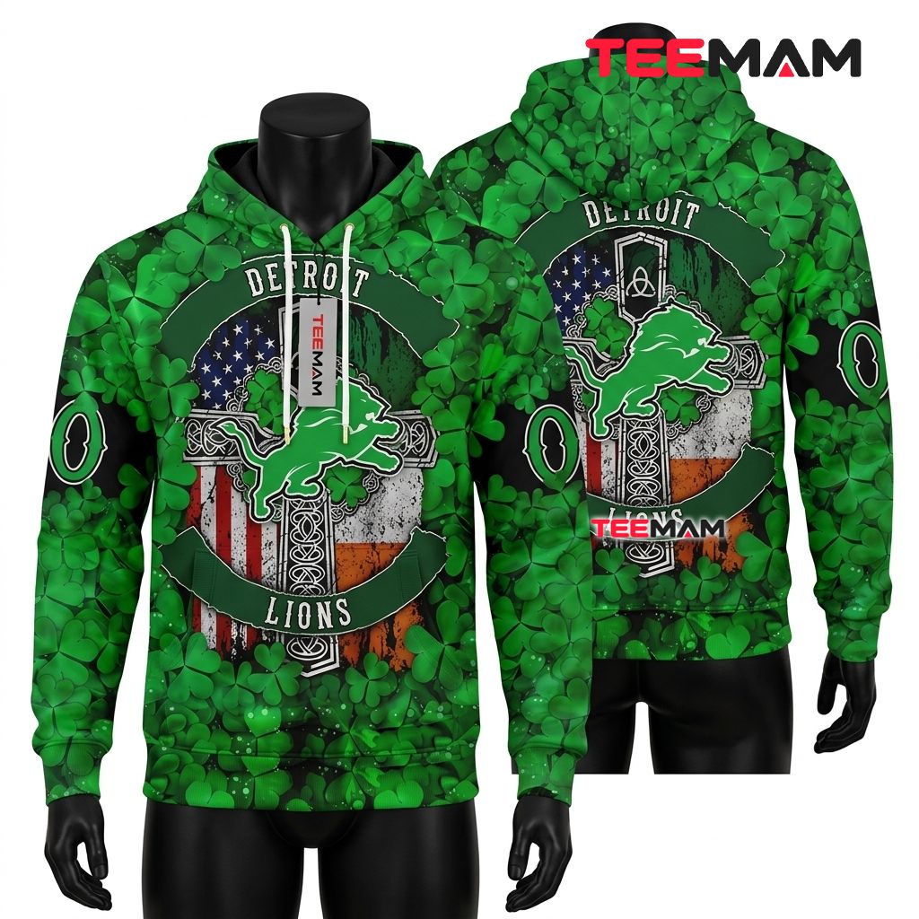 Custom Name Detroit Lions All Over Print 3D Hoodie Celtic Cross Clover Front