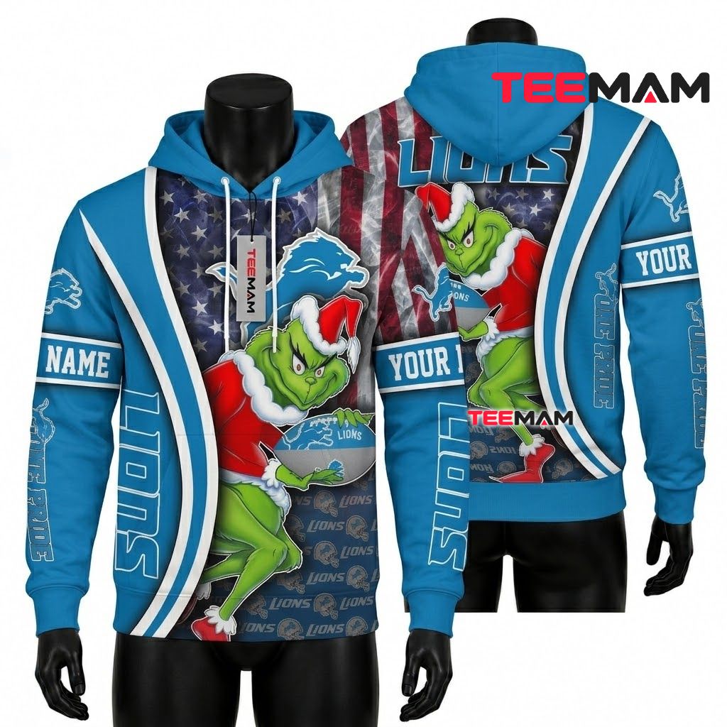 Custom Name Detroit Lions All Over Print 3D Hoodie Grinch Football Star Front