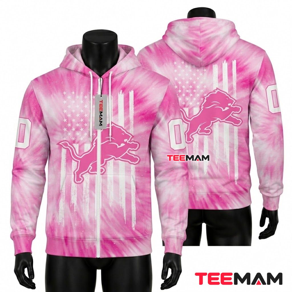 Custom Name Detroit Lions All Over Print 3D Hoodie Pink Tie Dye Flag Front