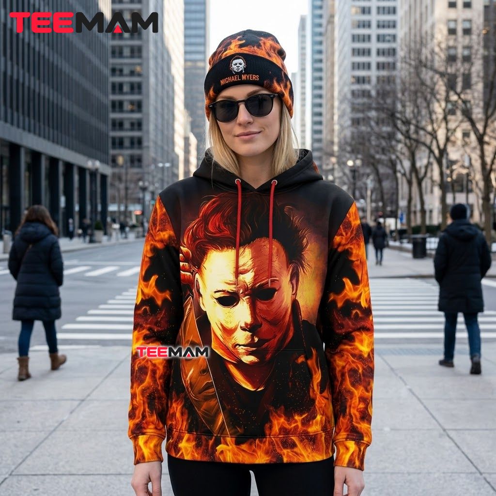 Custom Name Michael Myers 3D Hoodie Fire Mask Design Back Custom Name Michael Myers 3D Hoodie Fire Mask Design Back