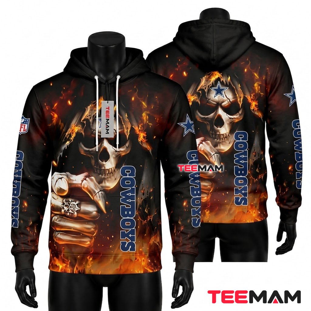 Dallas Cowboys 3D Hoodie Flaming Skull Fist Punch Front