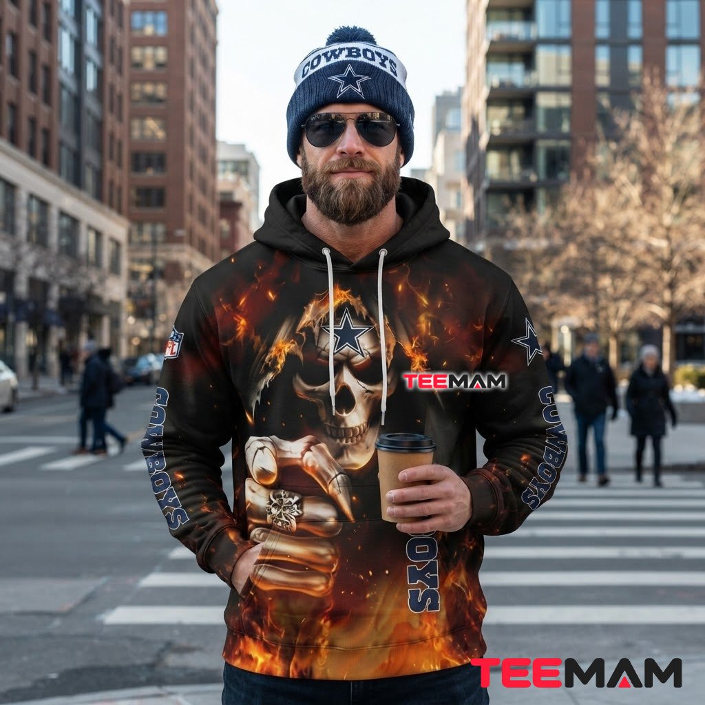 Dallas Cowboys 3D Hoodie Flaming Skull Fist Punch Back Dallas Cowboys 3D Hoodie Flaming Skull Fist Punch Back