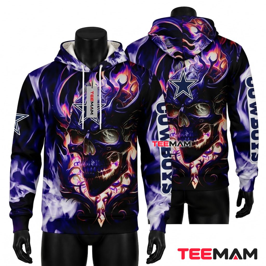 Dallas Cowboys 3D Hoodie Purple Flame Skull Blaze Front