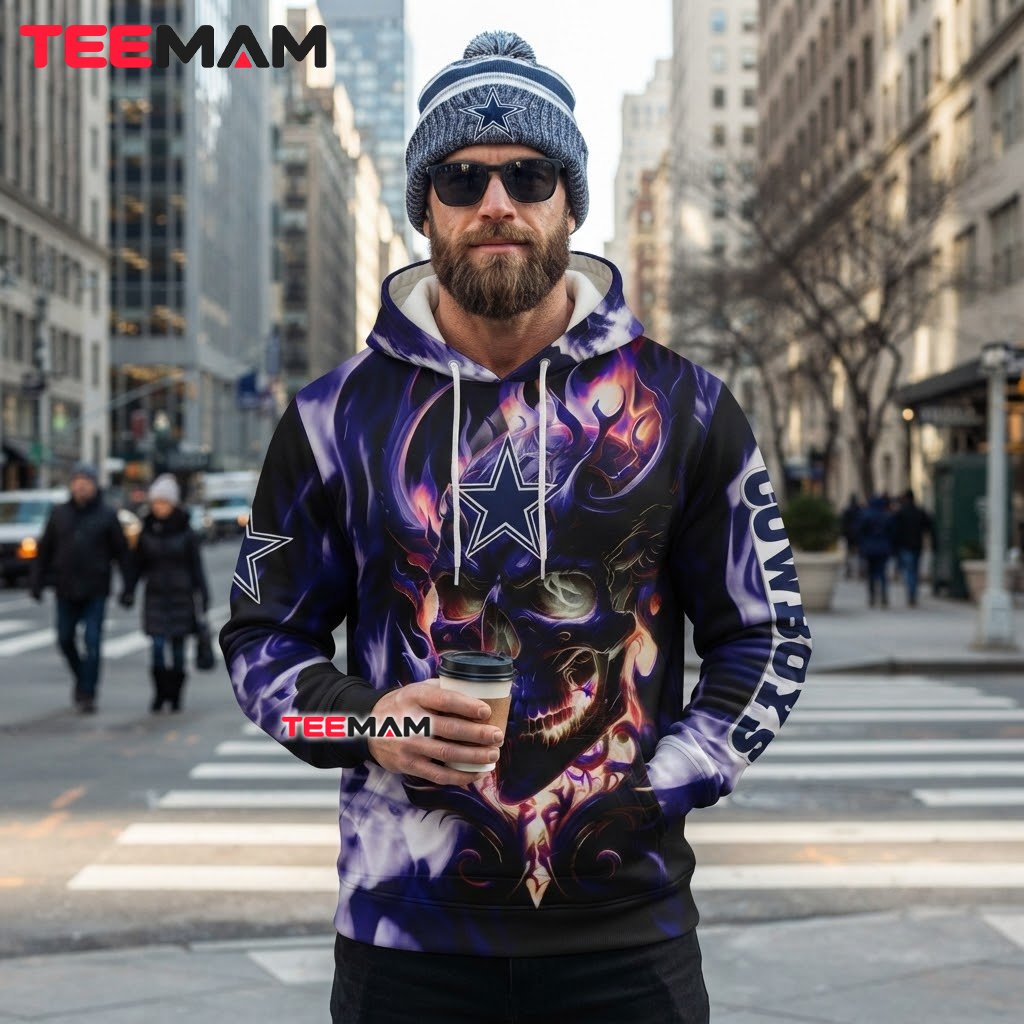 Dallas Cowboys 3D Hoodie Purple Flame Skull Blaze Back Dallas Cowboys 3D Hoodie Purple Flame Skull Blaze Back