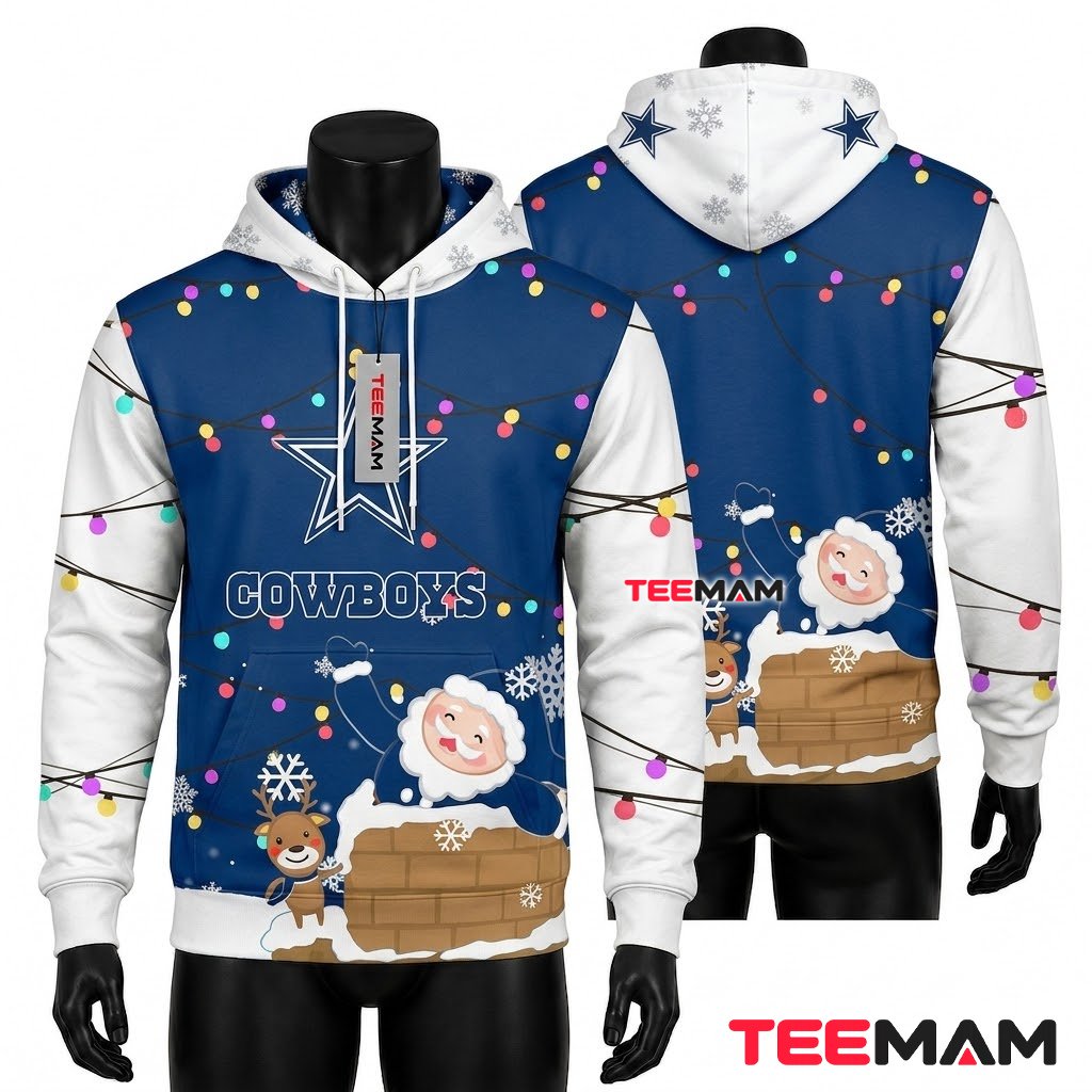 Dallas Cowboys 3D Hoodie Santa Chimney Reindeer Christmas Lights Front