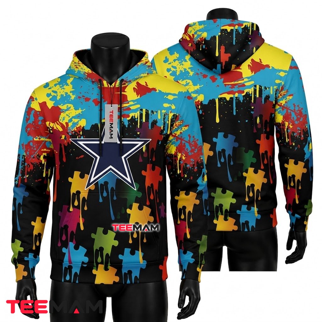 Dallas Cowboys All Over Print 3D Hoodie Autism Puzzle Paint Splatter Front