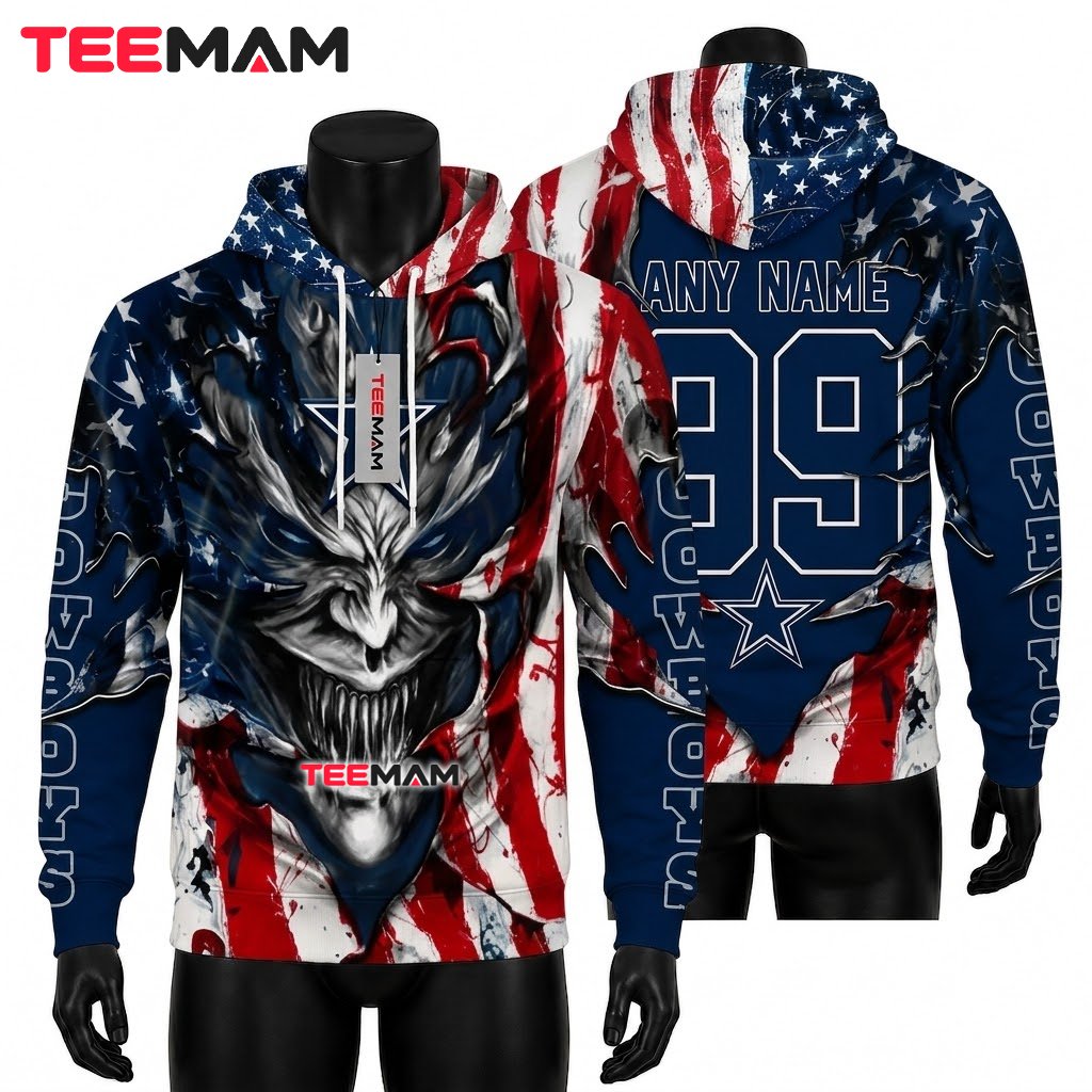 Dallas Cowboys All Over Print 3D Hoodie Demon Face American Flag Front