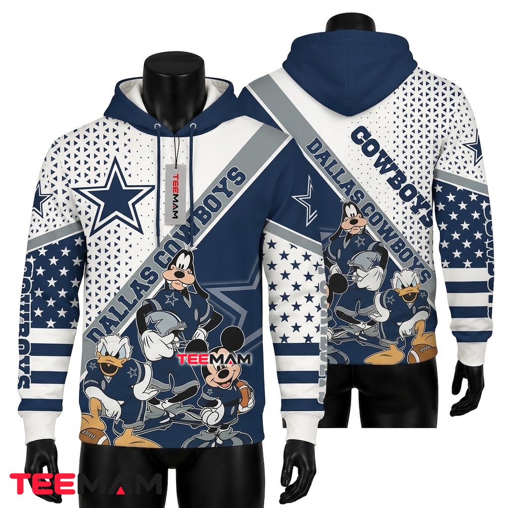 Dallas Cowboys All Over Print 3D Hoodie Mickey And Friends Custom Name Front