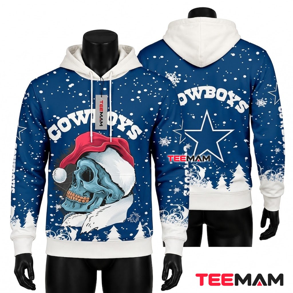 Dallas Cowboys All Over Print 3D Hoodie Santa Skull Snowy Christmas Front