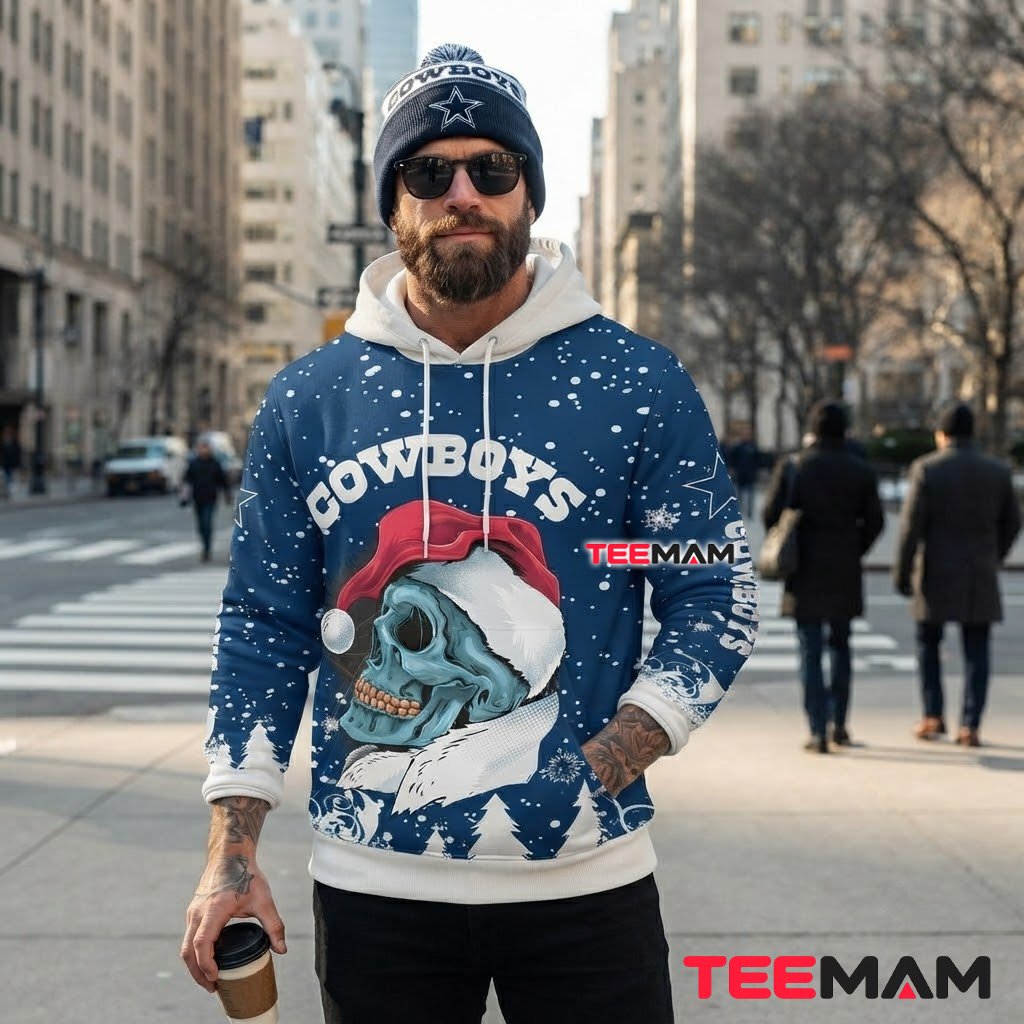 Dallas Cowboys All Over Print 3D Hoodie Santa Skull Snowy Christmas Back Dallas Cowboys All Over Print 3D Hoodie Santa Skull Snowy Christmas Back