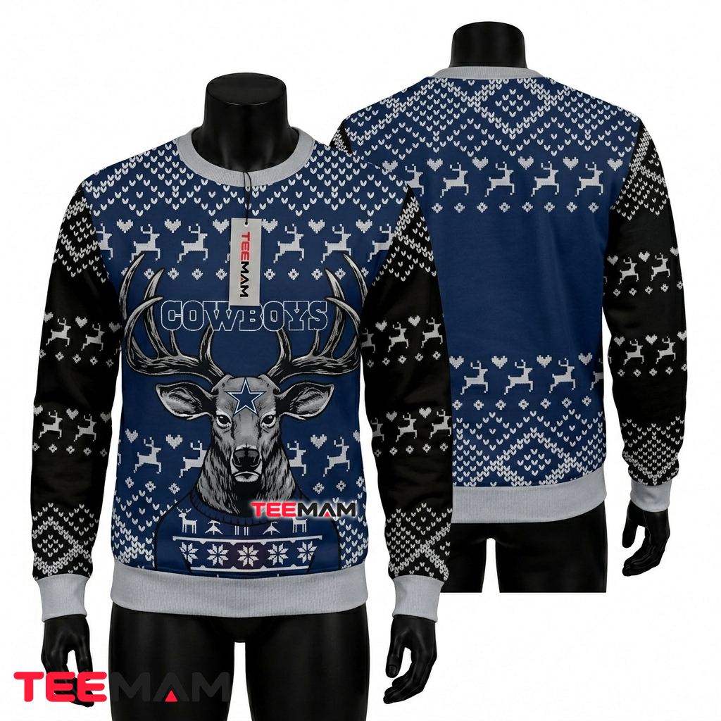 Dallas Cowboys Ugly Christmas Sweater Antler Deer Head Front