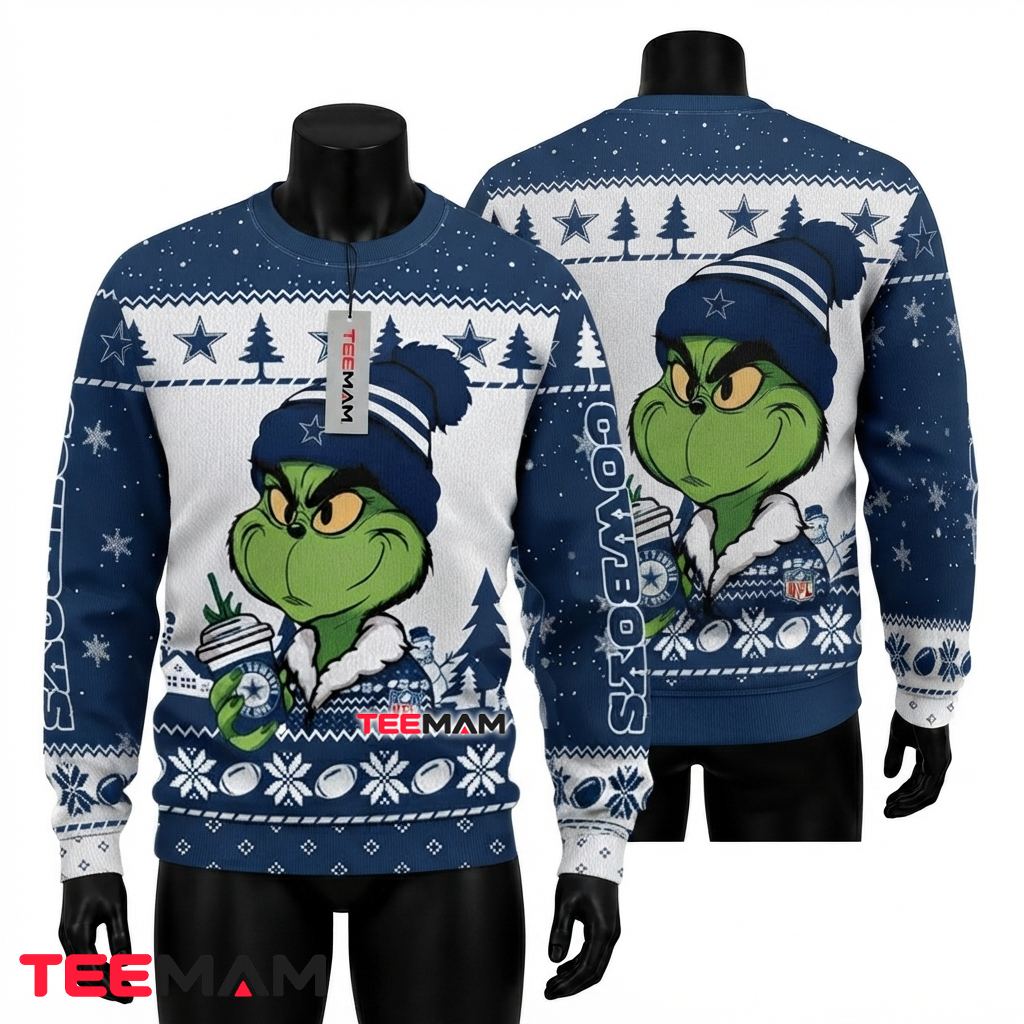 Dallas Cowboys Ugly Christmas Sweater Grinch Beanie Coffee Front