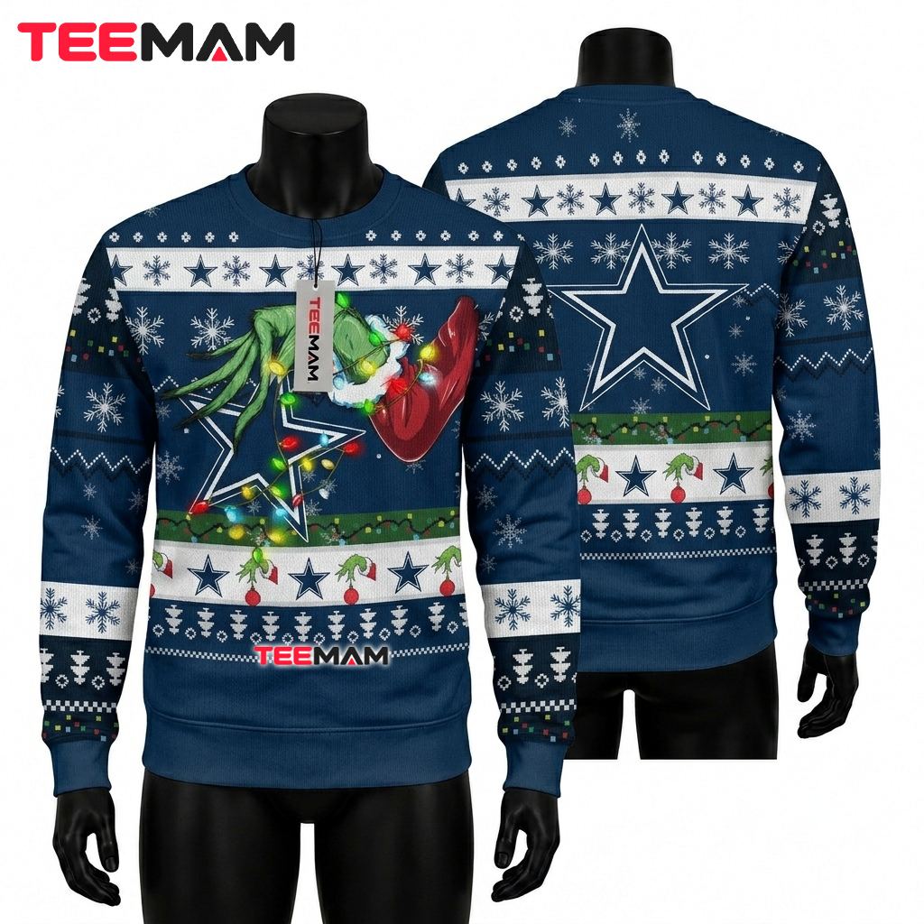 Dallas Cowboys Ugly Christmas Sweater Grinch Hand Lights Front