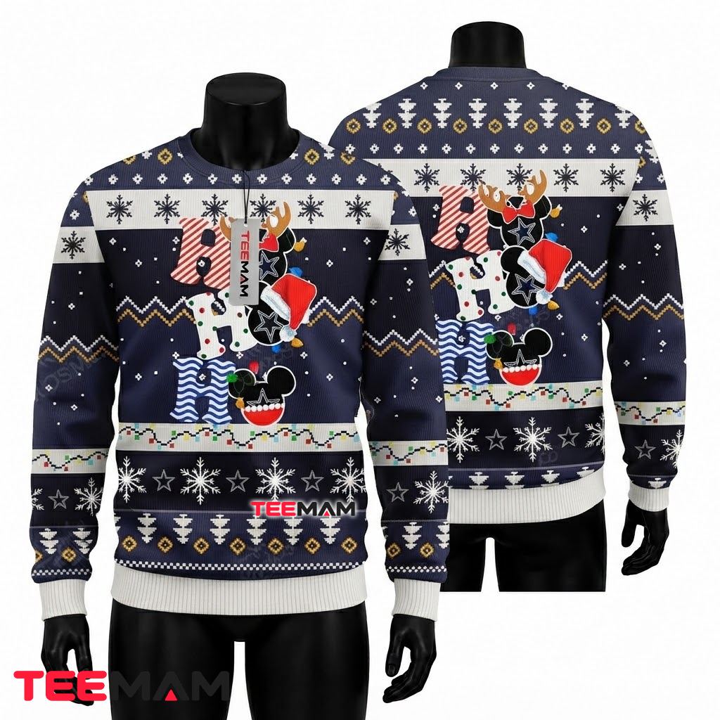 Dallas Cowboys Ugly Christmas Sweater Ho Ho Mickey Mouse Front