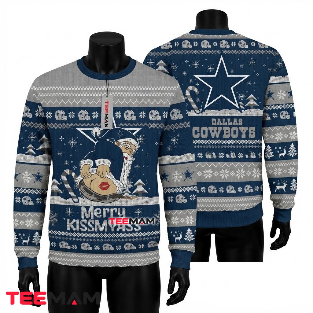 Dallas Cowboys Ugly Christmas Sweater Merry Kissmyass Santa Front