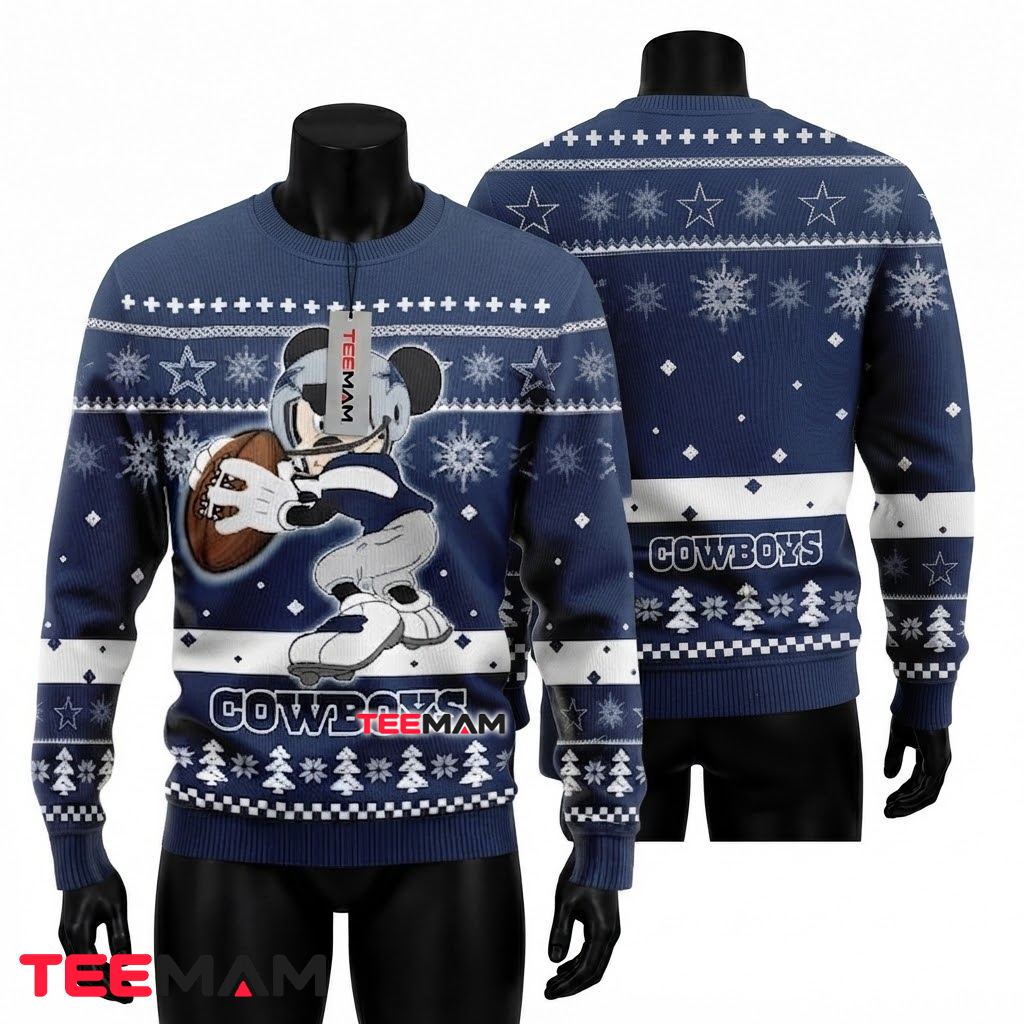 Dallas Cowboys Ugly Christmas Sweater Mickey Mouse Player Front
