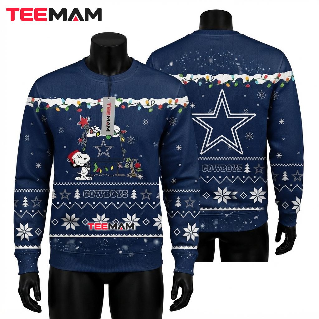 Dallas Cowboys Ugly Christmas Sweater Snoopy Doghouse Lights Front