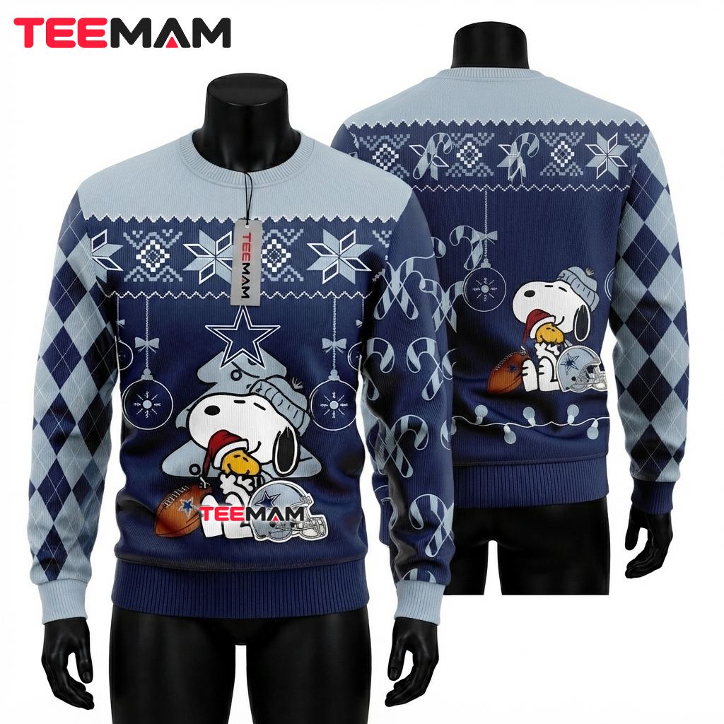 Dallas Cowboys Ugly Christmas Sweater Snoopy Woodstock Helmet Front