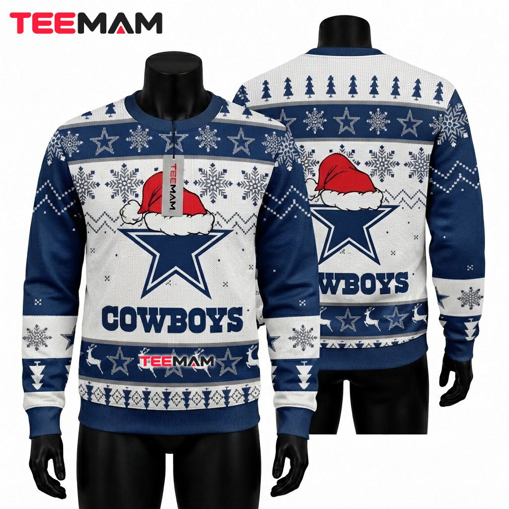 Dallas Cowboys Ugly Christmas Sweater Star Santa Hat Logo Front