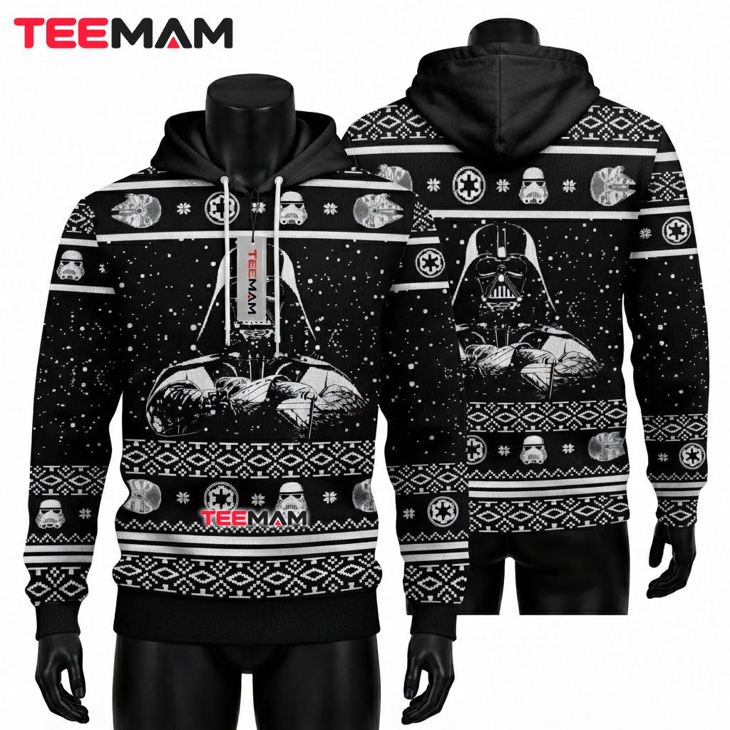 Darth Vader 3D Hoodie Ugly Snowflake Black White Front