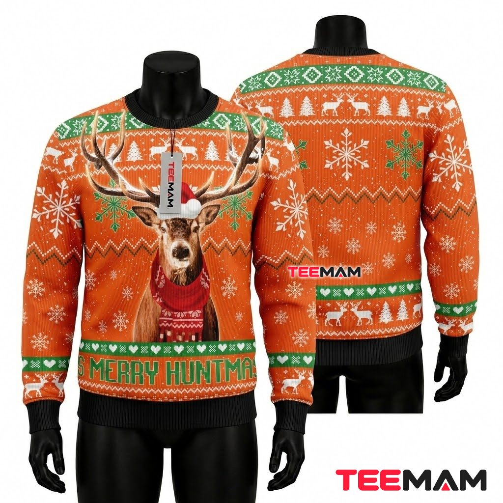 Deer Ugly Christmas Sweater Merry Huntmas Orange Front