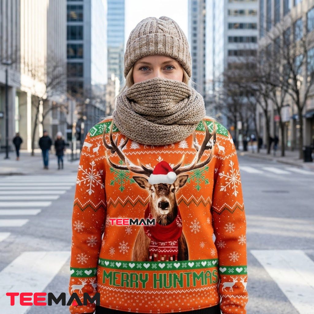Deer Ugly Christmas Sweater Merry Huntmas Orange Back Deer Ugly Christmas Sweater Merry Huntmas Orange Back