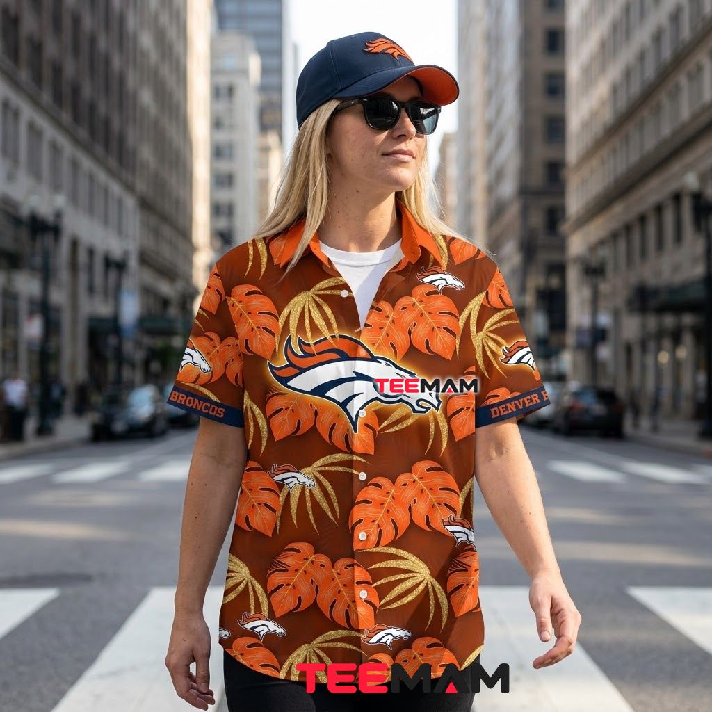 Denver Broncos Aloha Shirt Monstera Gold Back Denver Broncos Aloha Shirt Monstera Gold Back