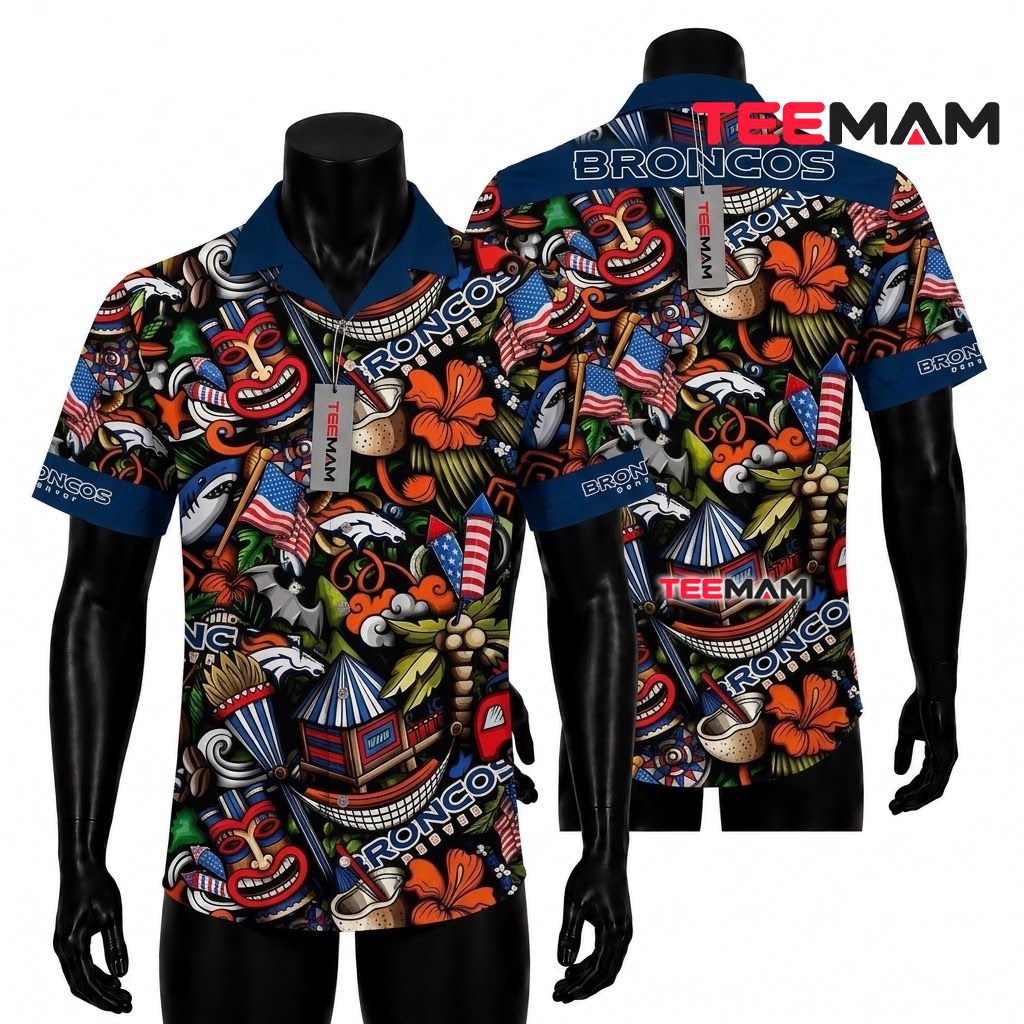 Denver Broncos Hawaiian Shirt Tiki Doodle Front