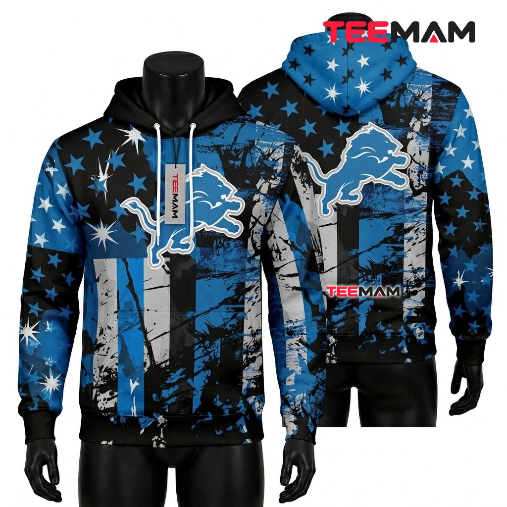 Detroit Lions 3D Hoodie American Flag Paint Splatter Front