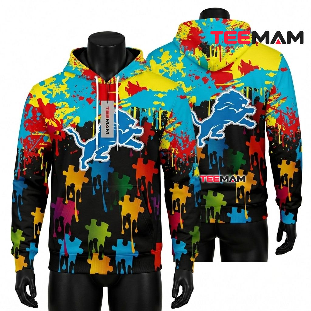 Detroit Lions 3D Hoodie Autism Puzzle Paint Splatter Front