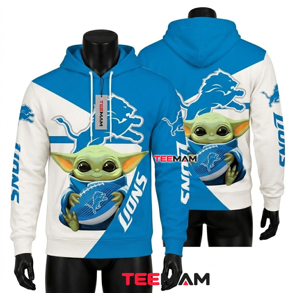 Detroit Lions 3D Hoodie Baby Yoda Football Split Front