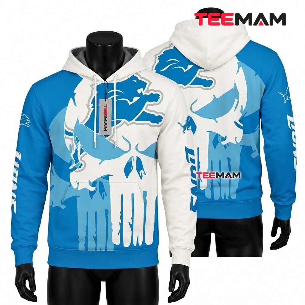 Detroit Lions 3D Hoodie Punisher Skull Split Front