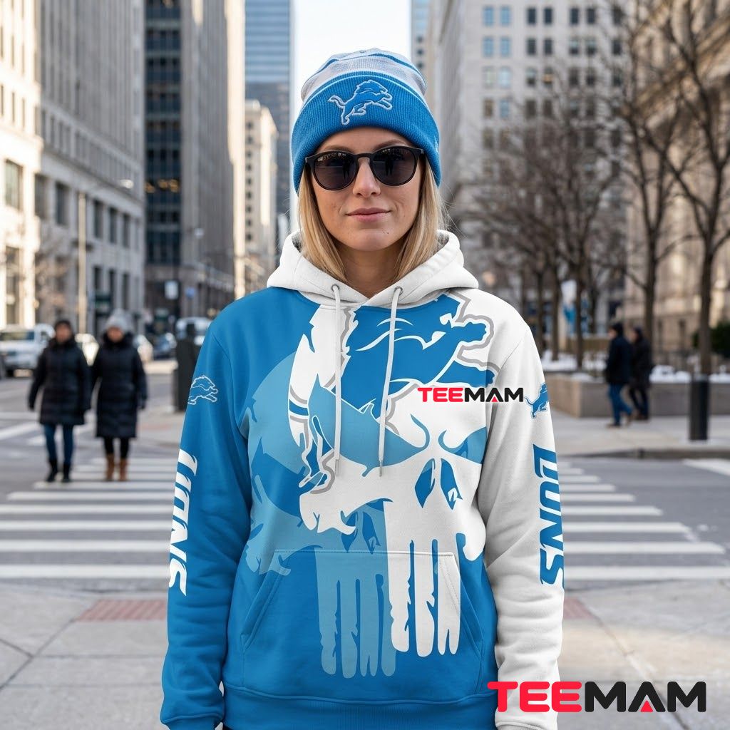 Detroit Lions 3D Hoodie Punisher Skull Split Back Detroit Lions 3D Hoodie Punisher Skull Split Back