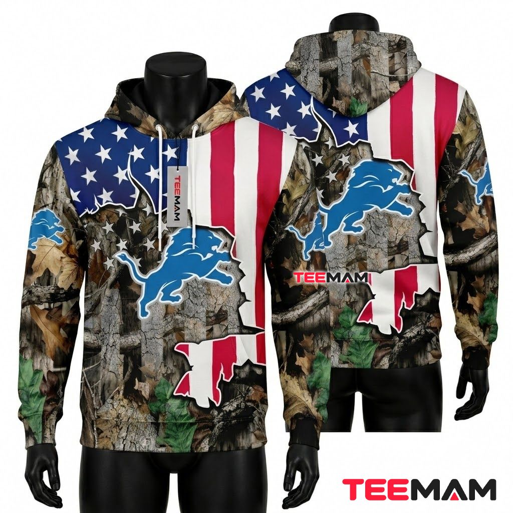 Detroit Lions 3D Hoodie Realtree Camo American Flag Front