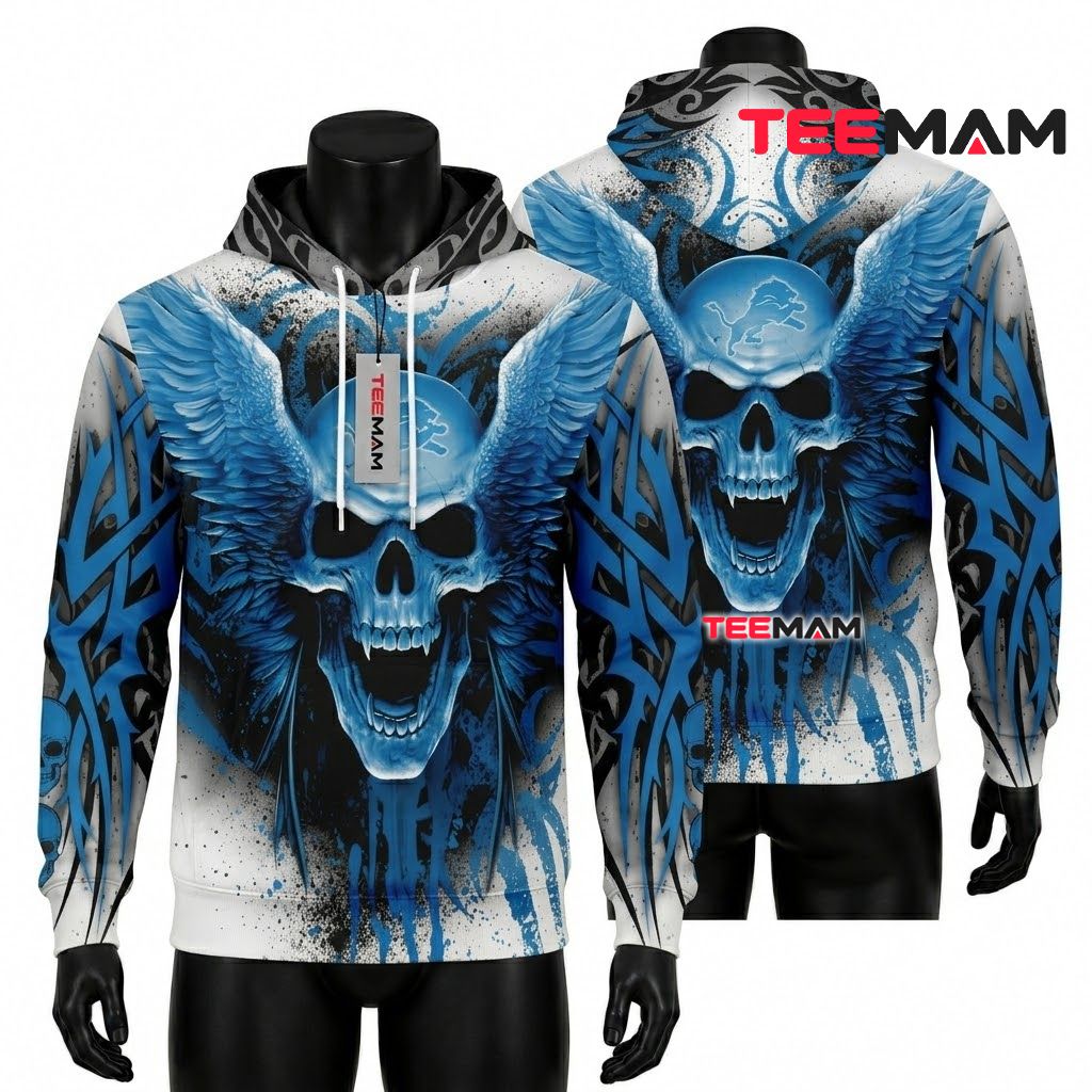 Detroit Lions 3D Hoodie Winged Skull Helmet Front