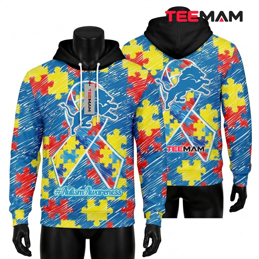 Detroit Lions All Over Print 3D Hoodie Autism Scribble Ribbon Front