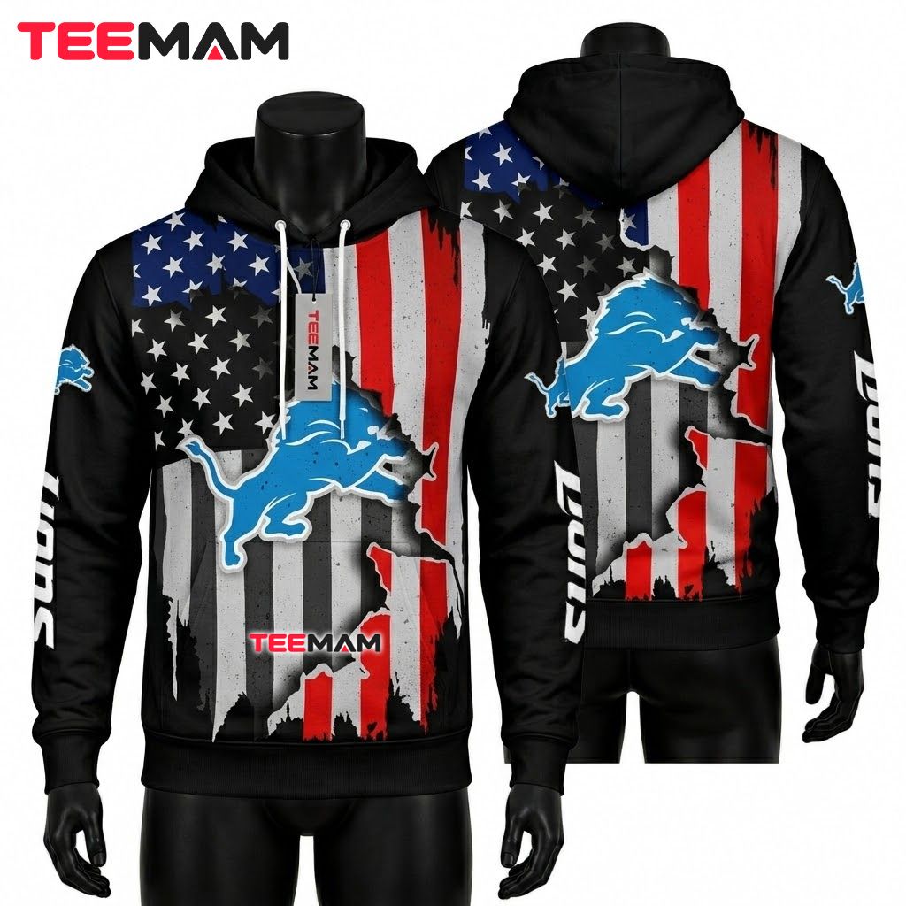 Detroit Lions All Over Print 3D Hoodie Black American Flag Front