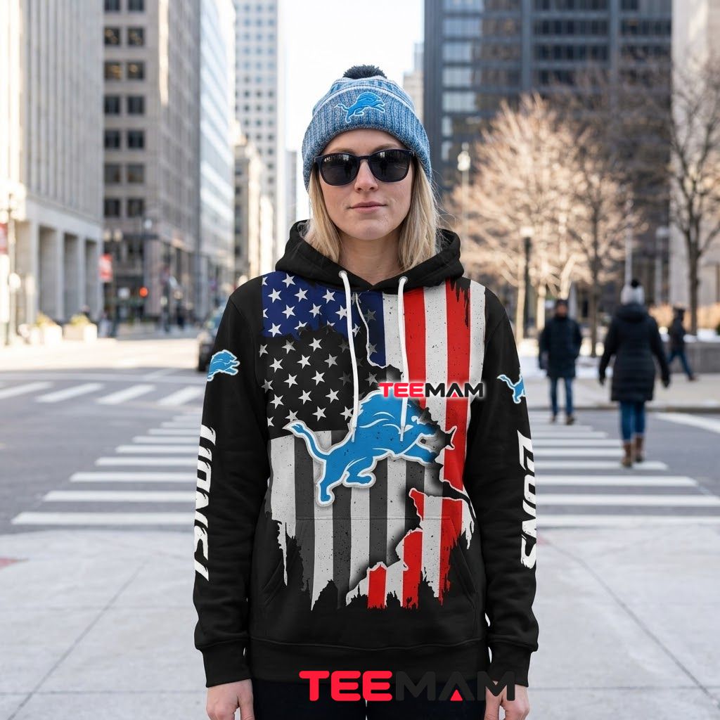 Detroit Lions All Over Print 3D Hoodie Black American Flag Back Detroit Lions All Over Print 3D Hoodie Black American Flag Back