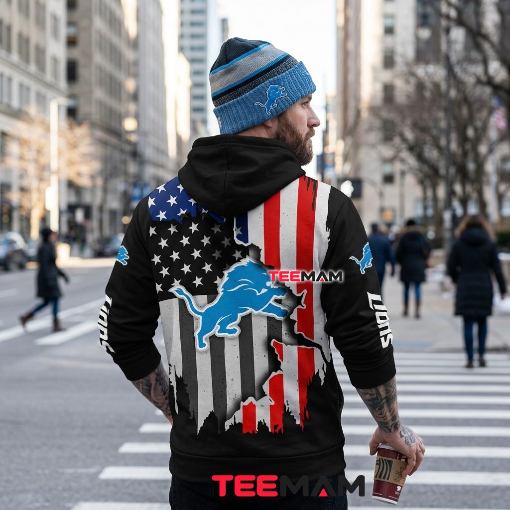 Detroit Lions All Over Print 3D Hoodie Black American Flag Version 3 Detroit Lions All Over Print 3D Hoodie Black American Flag Version 3