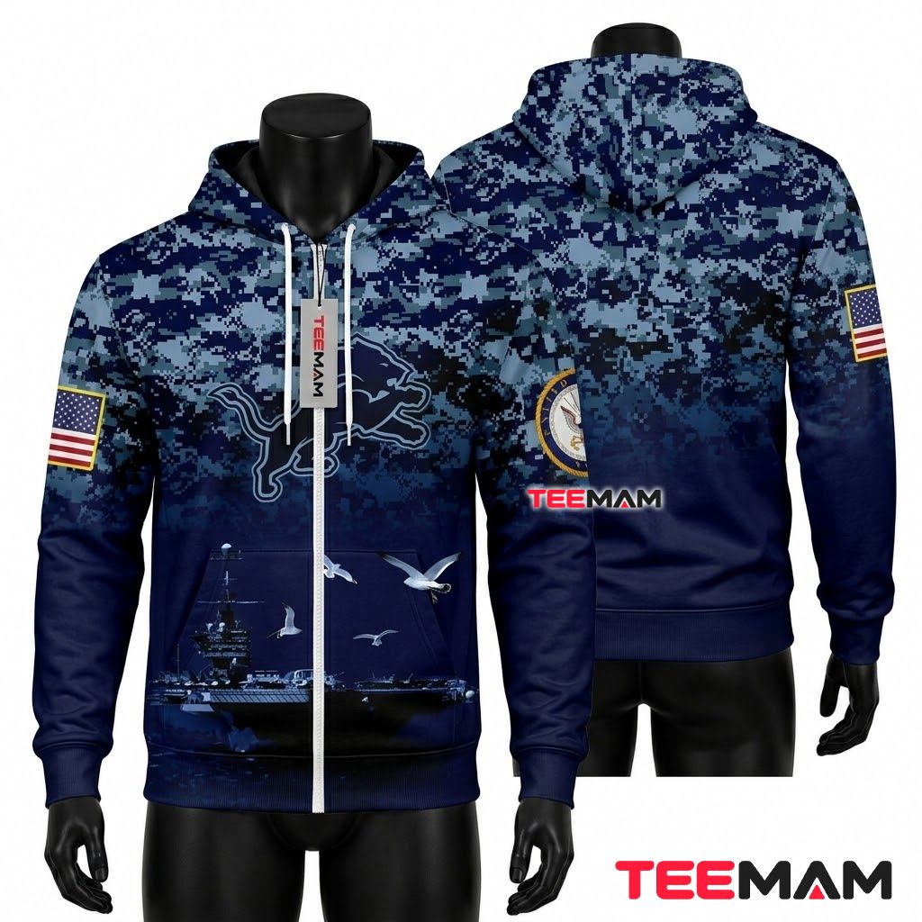 Detroit Lions All Over Print 3D Hoodie Navy Camo Aircraft Carrier Front