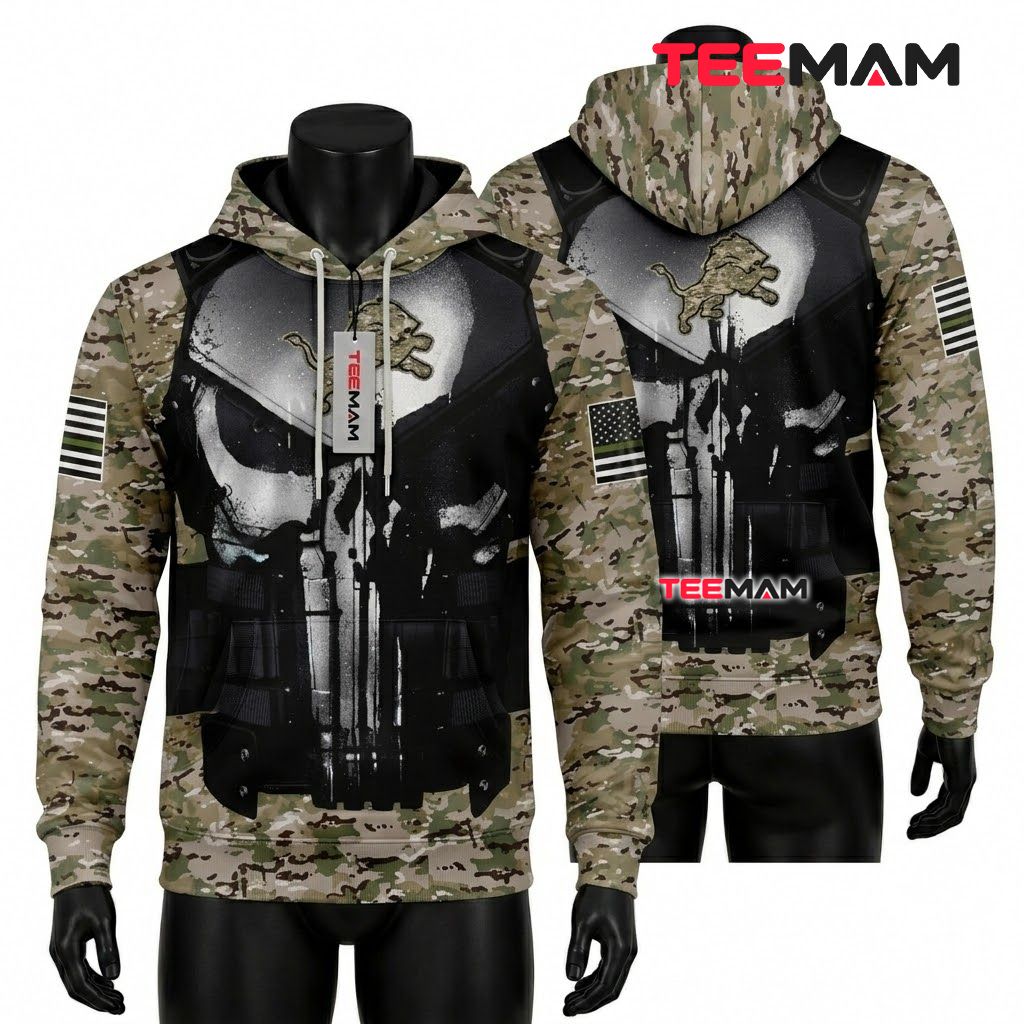 Detroit Lions All Over Print 3D Hoodie Punisher Skull Desert Camo Front
