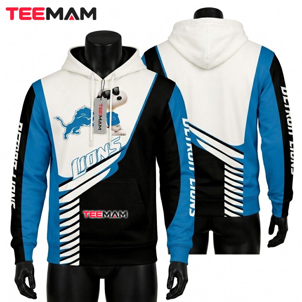 Detroit Lions All Over Print 3D Hoodie Snoopy Sunglasses Stripes Front
