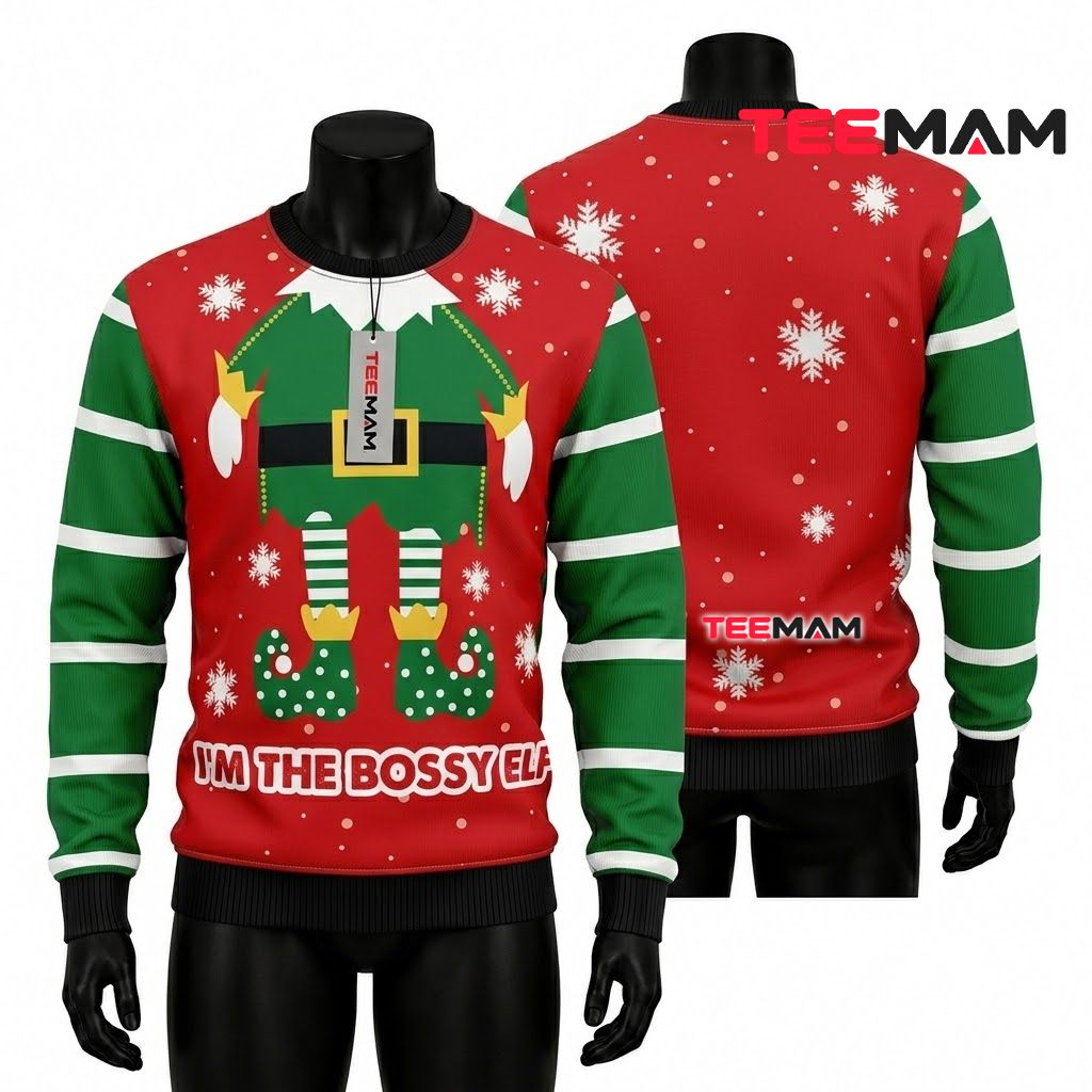 Elf Costume Ugly Christmas Sweater Bossy Funny Front