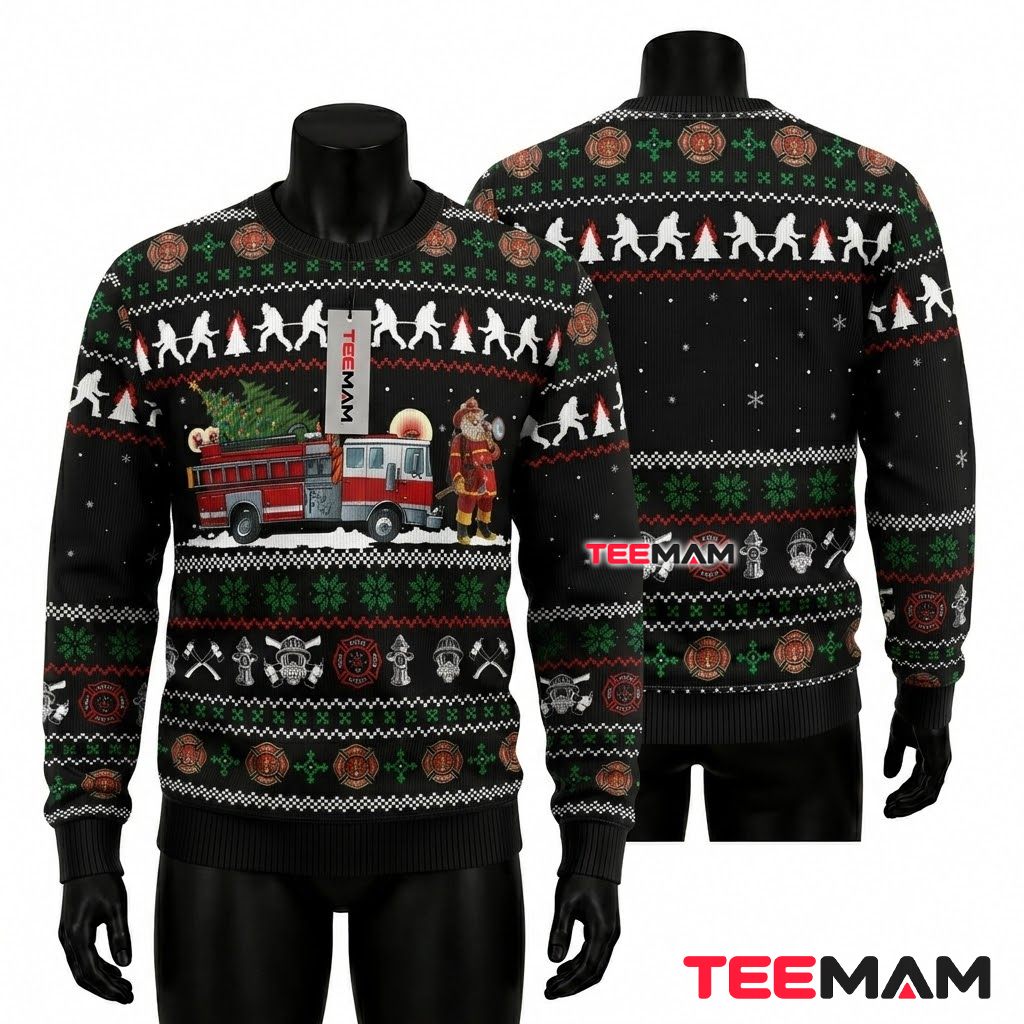 Firefighter Ugly Christmas Sweater Fire Truck Santa Front