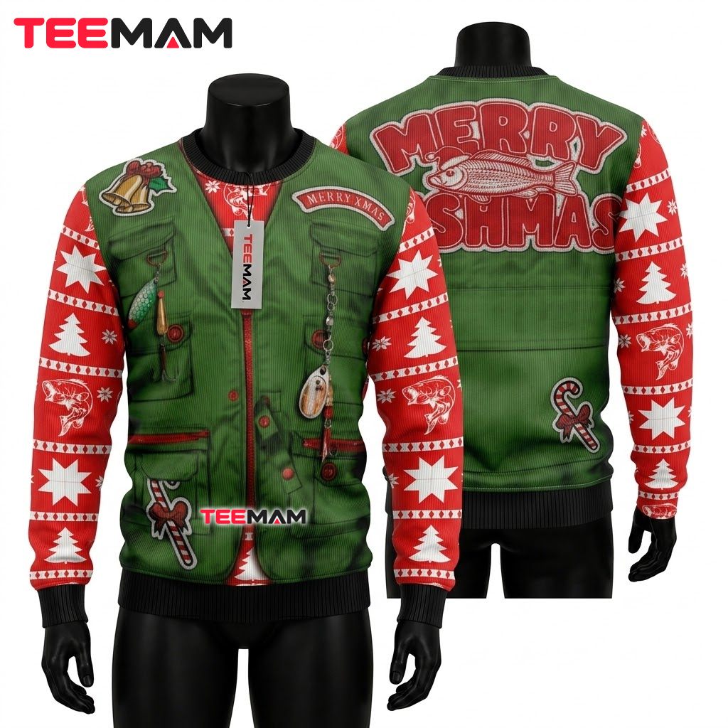 Fishing Vest Ugly Christmas Sweater Merry Xmas Front