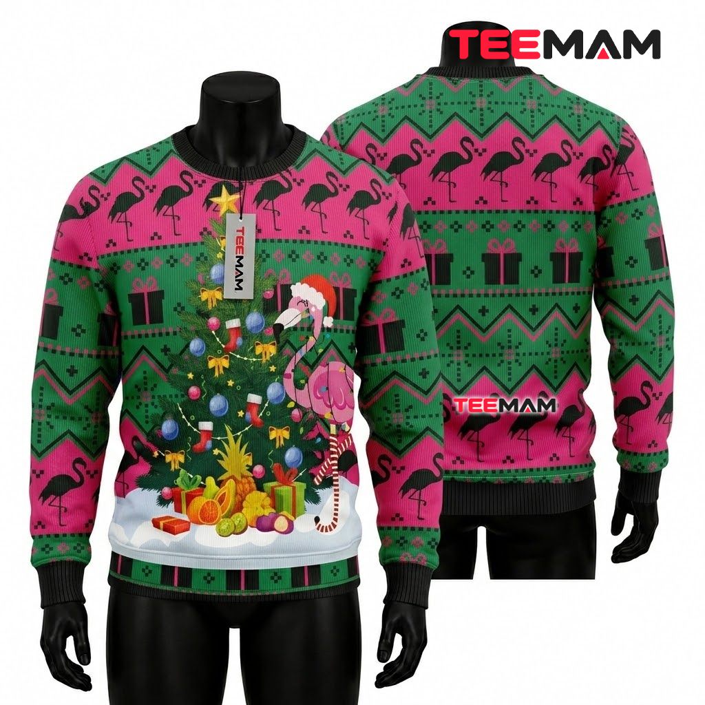 Flamingo Ugly Christmas Sweater Pink Green Pine Front
