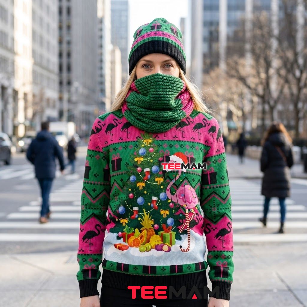 Flamingo Ugly Christmas Sweater Pink Green Pine Back Flamingo Ugly Christmas Sweater Pink Green Pine Back