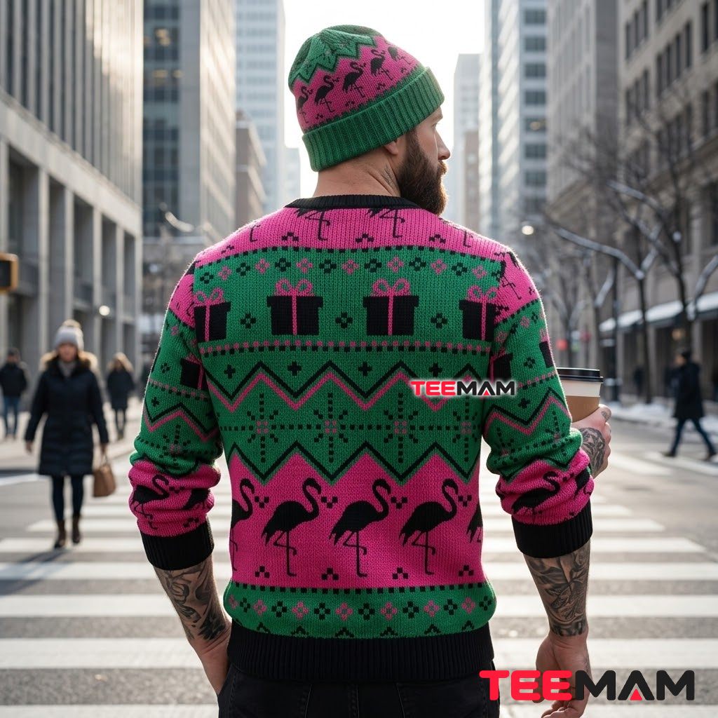 Flamingo Ugly Christmas Sweater Pink Green Pine Version 3 Flamingo Ugly Christmas Sweater Pink Green Pine Version 3