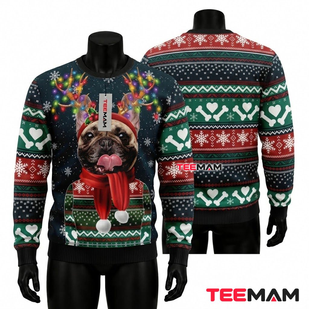 French Bulldog Ugly Christmas Sweater Antler Lights Front