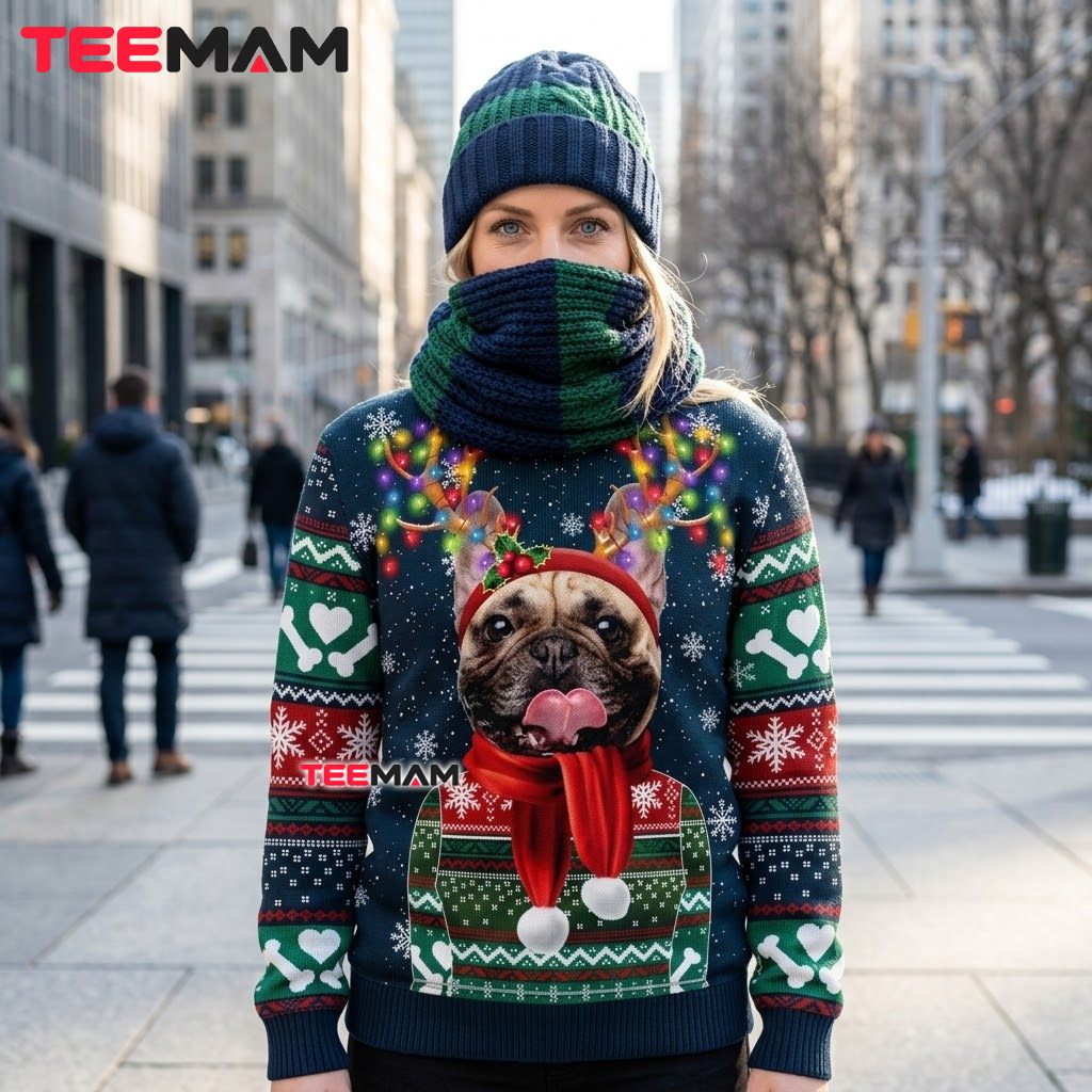 French Bulldog Ugly Christmas Sweater Antler Lights Back French Bulldog Ugly Christmas Sweater Antler Lights Back